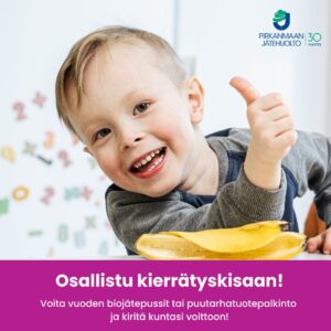 Valokuvassa iloinen poika näyttää peukkua, yläkulmassa Pirkanmaan Jätehuollon logo.
Tekstissä: Osallistu kierrätyskisaan!