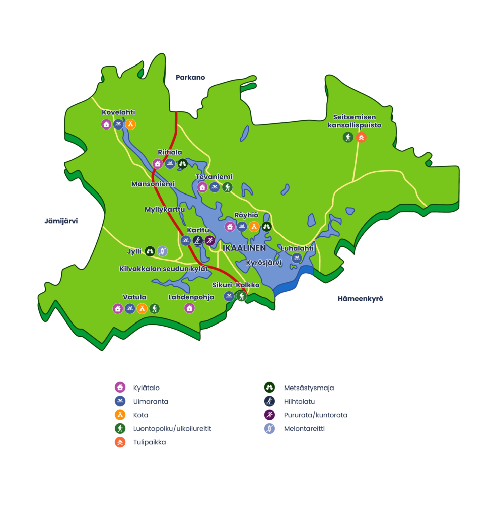Ikaalisten kylien kartta retkeily ja vapaanajankohteista.