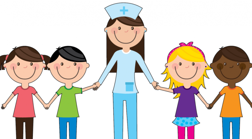 Piirros lapsista ja terveydenhoitajasta käsi kädessä.
