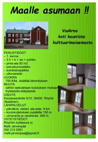 Röyhiön kylätalon vuokra-asuntoilmoitus