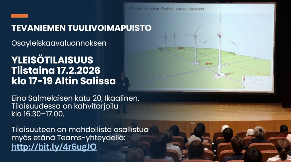 Tapahtuman tiedot tekstinä, taustalla piirroskuva tuulivoimala esityksestä auditoriossa.