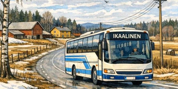 Piirroskuva linja-autosta maaseudulla keväällä.